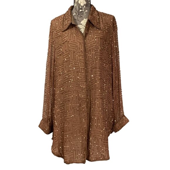 Hand Beaded + Sequins Silk Chiffon Long Sleeve Cocktail Shirt Womens SZ 16/18 - Picture 1 of 8